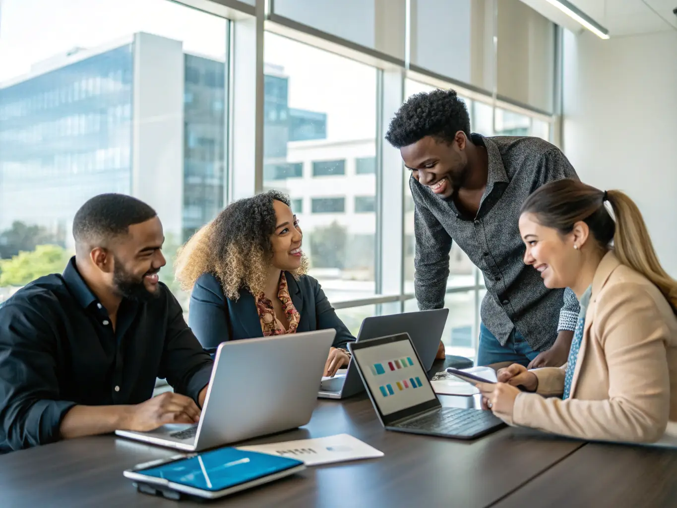 A collaborative scene showing community members, industry professionals, and academics working together on laptops and documents, fostering human-centered AI solutions.