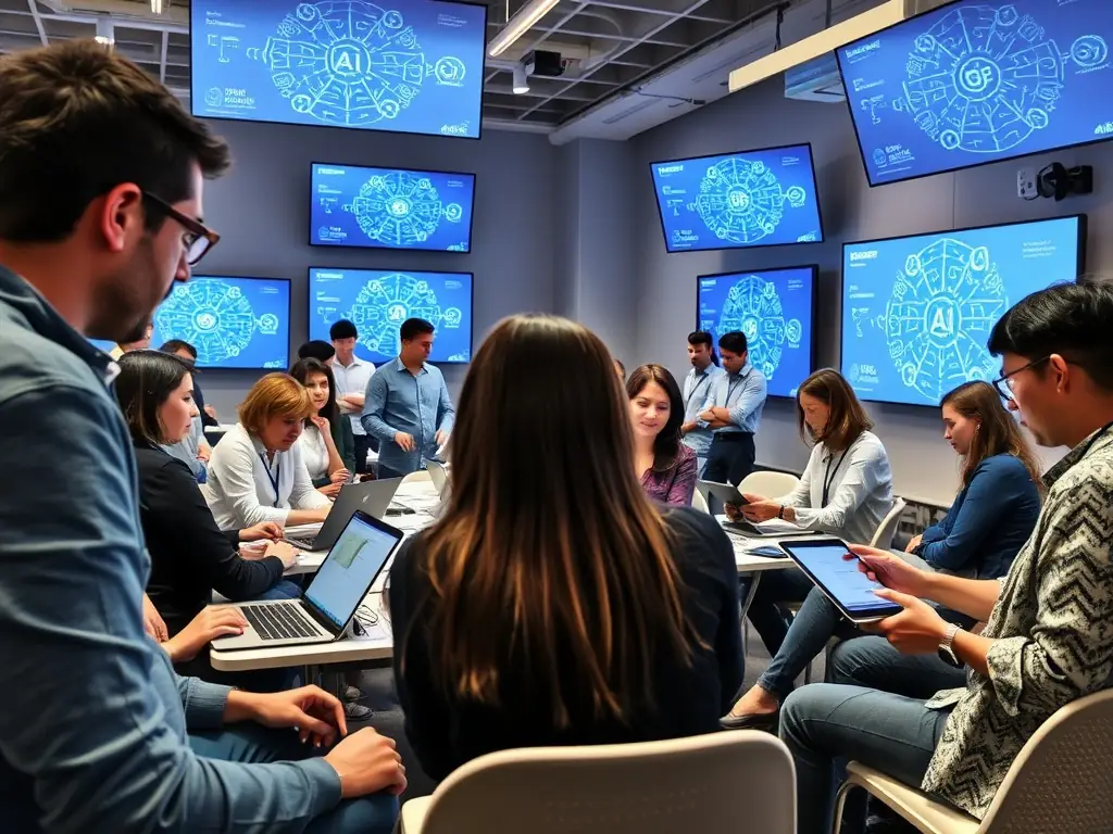 A photograph depicting a diverse group of people participating in an AI literacy workshop, using tablets and engaging in discussions.